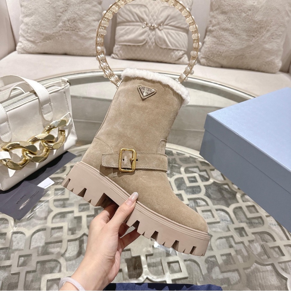Prada Tan Winter Boots with Fur and Buckle